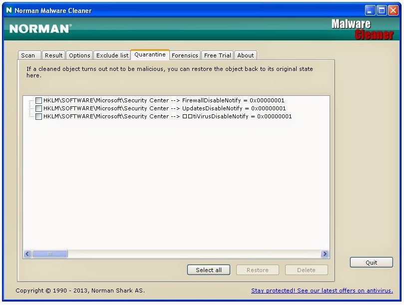 карантин Norman Malware Cleaner