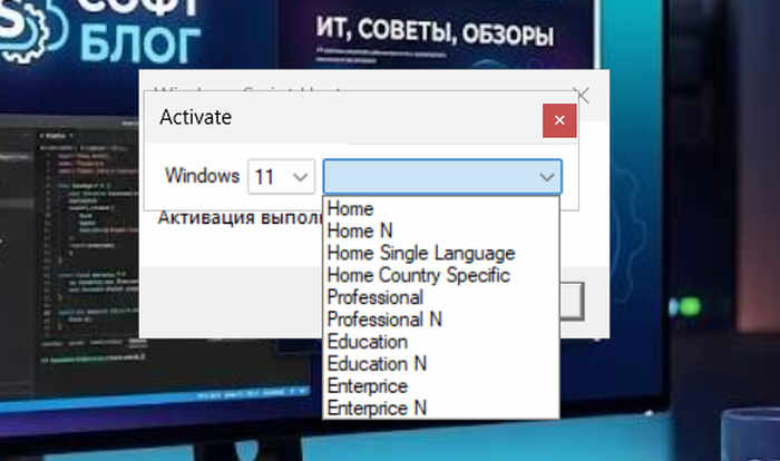 Скриншот программы Windows Activator для бесплатной активации Windows 8.1, 10 и 11